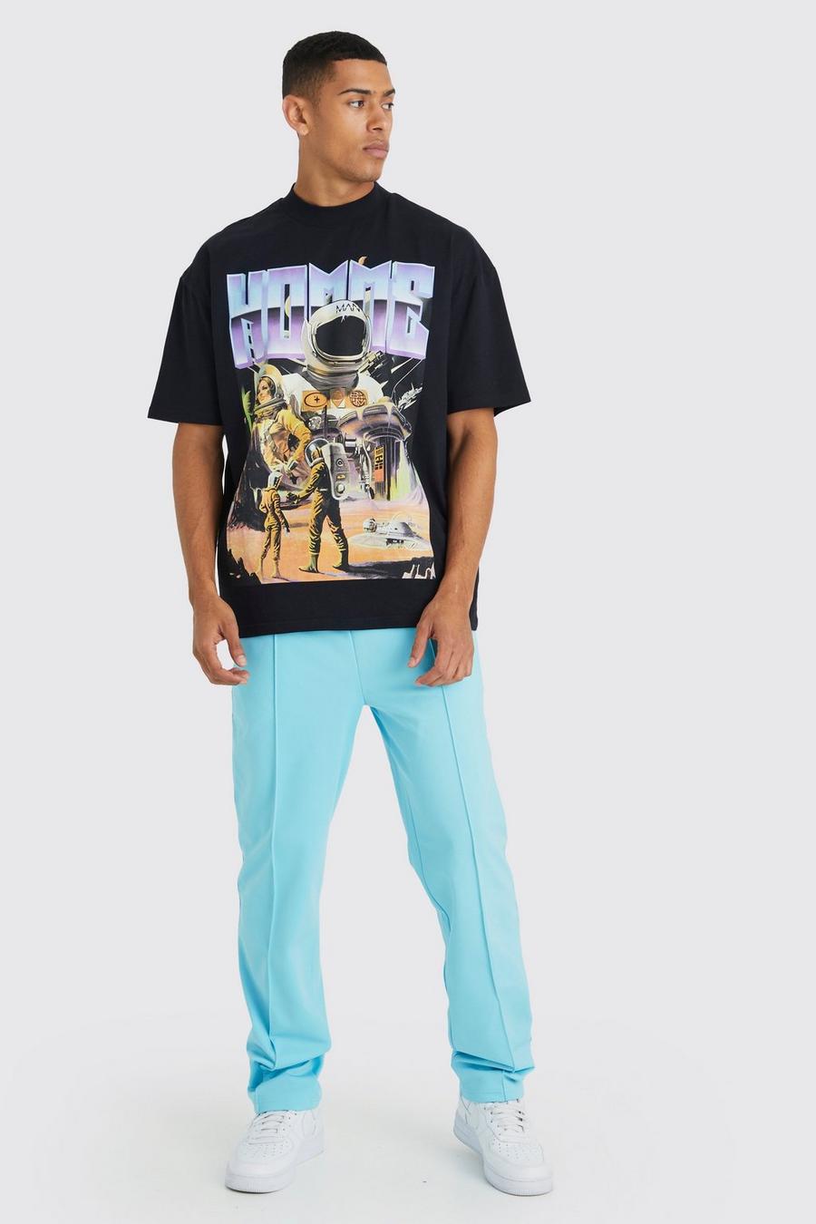 Set T-shirt oversize con grafica spaziale & pantaloni tuta, Blue image number 1