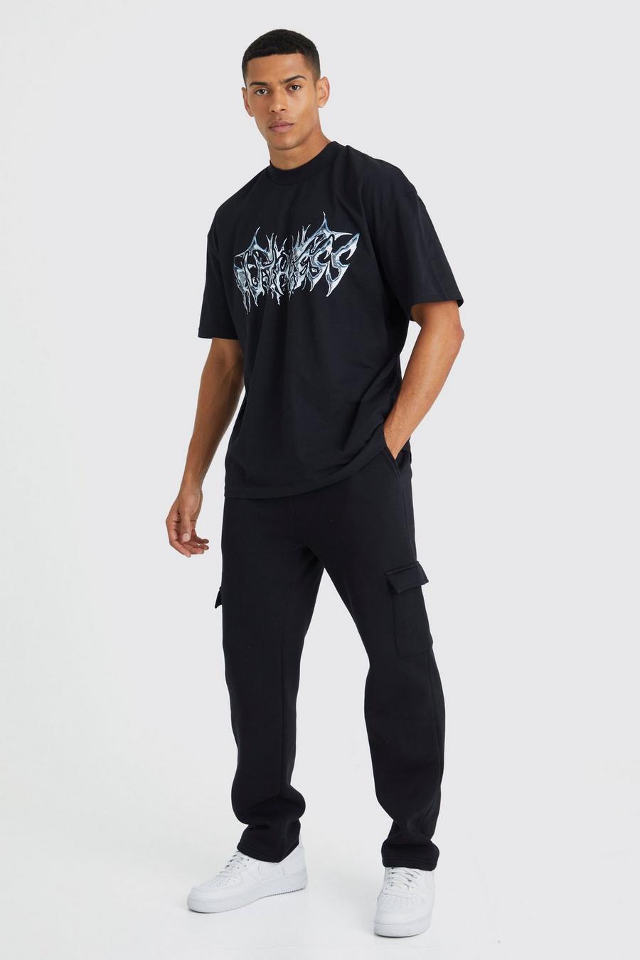 Black Oversized T-Shirt Met Print En Joggingbroek Set