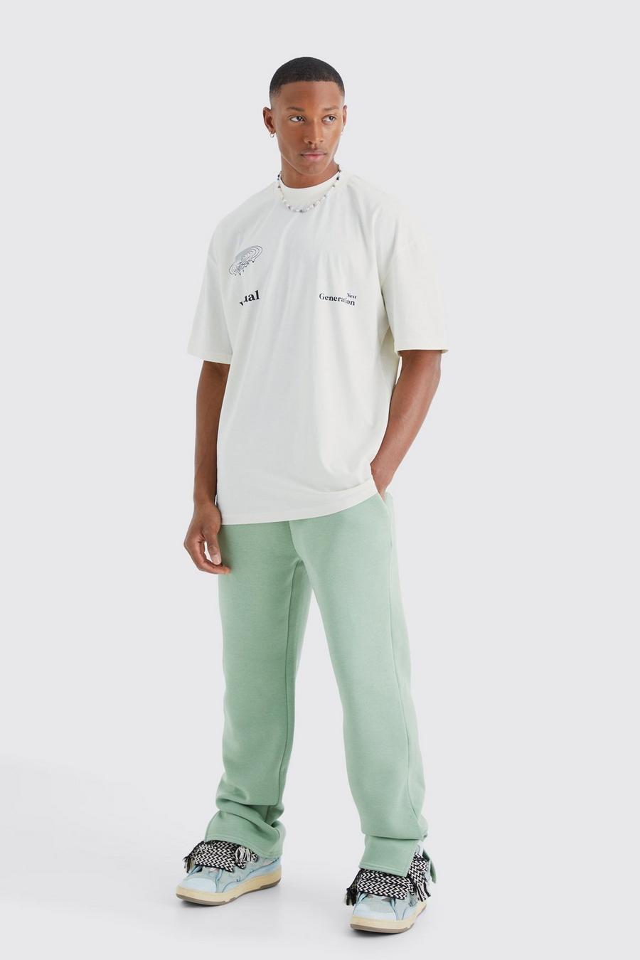 Conjunto oversize de pantalón deportivo y camiseta con estampado gráfico Ofcl, Sage image number 1