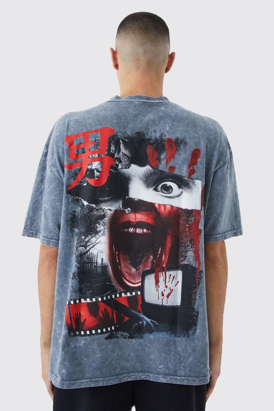 Camiseta oversize con lavado de ácido y estampado gráfico de cara, Charcoal image number 1