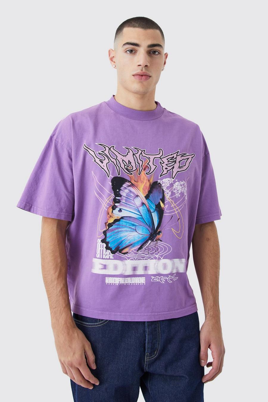 Camiseta oversize con estampado gráfico de mariposa, Purple image number 1