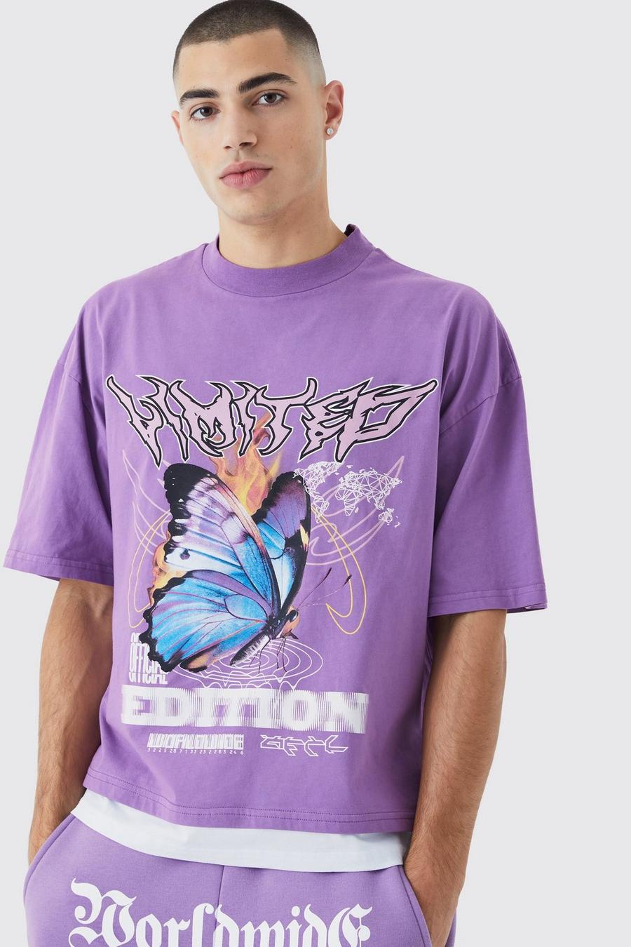 Purple Oversized Vlinder T-Shirt Met Print En Neplaag image number 1