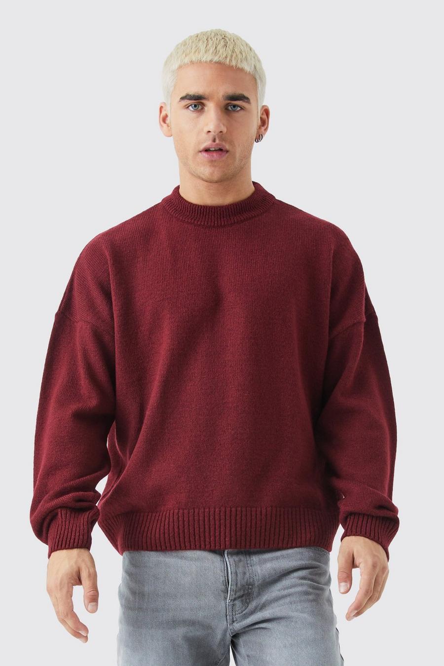 Burgundy red Boxy Brushed Extended Neck Knitted Jumper