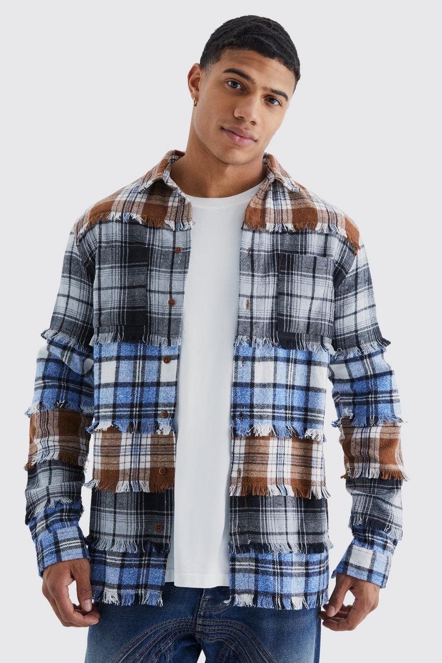 Multi  Distressed Spliced Checked Shirt image number 1