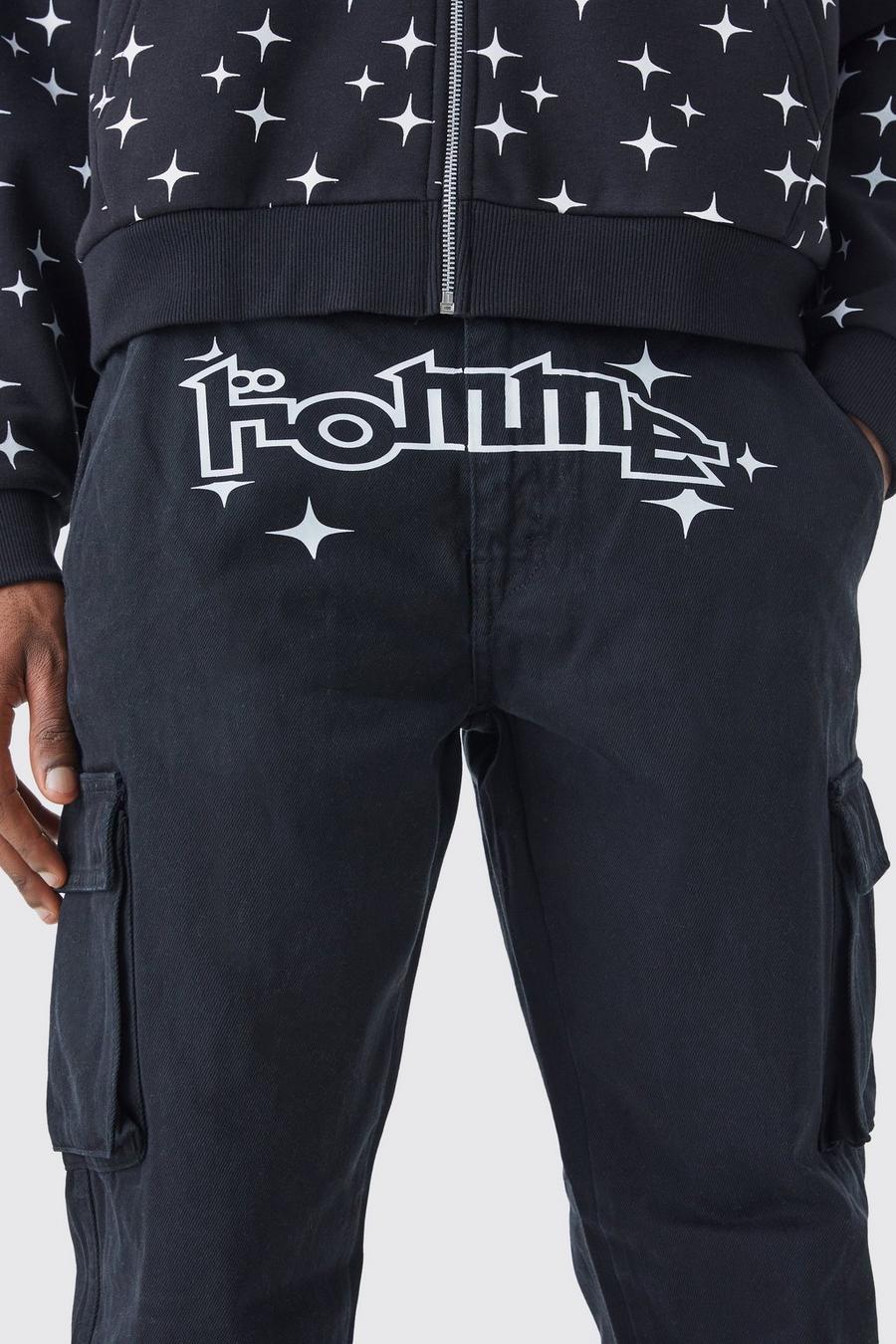 Black noir Relaxed Crotch Print Cargo Trouser With Hem Detail