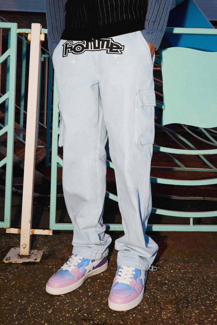 Pantalón cargo holgado con estampado en la entrepierna y detalle en el bajo, Light blue image number 1