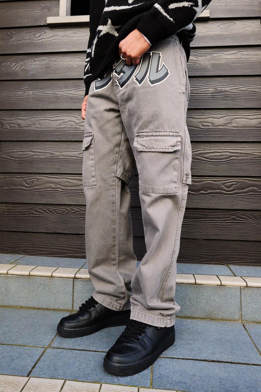 Slate grey Relaxed Crotch And Leg Print Cargo Trouser