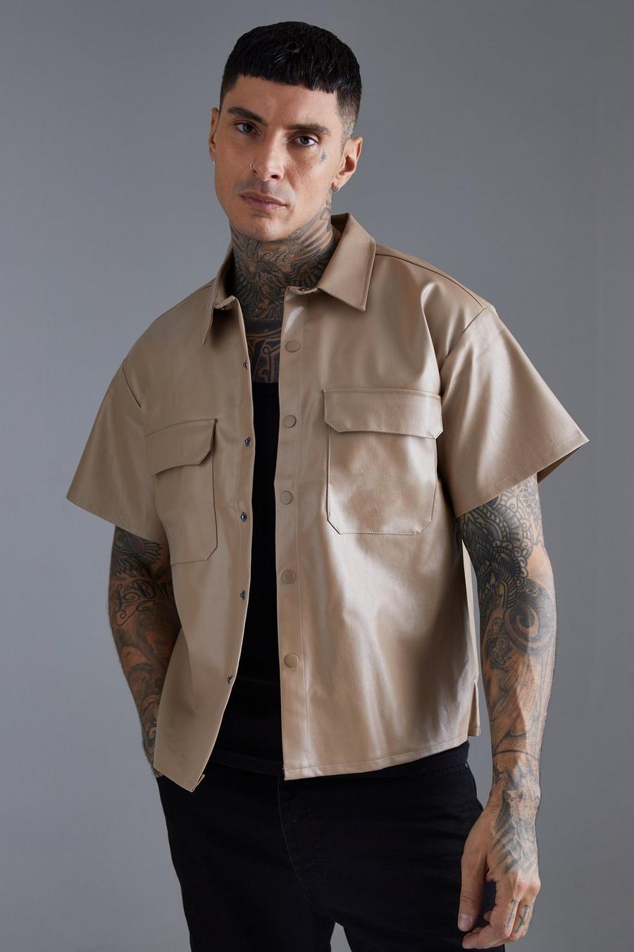 Taupe Pu Boxy Popper Patch Pocket Shirt image number 1