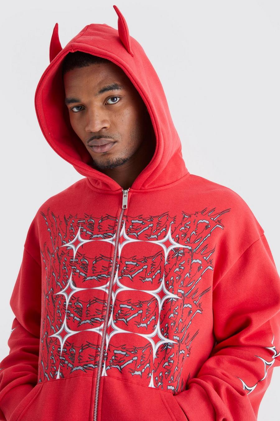 Red Tall Oversized Boxy Grunge Zip Through Ear Hooded Tracksuit image number 1