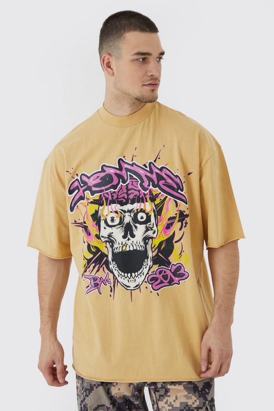 T-shirt Tall oversize in lavaggio pesante con grafica Raw, Sand