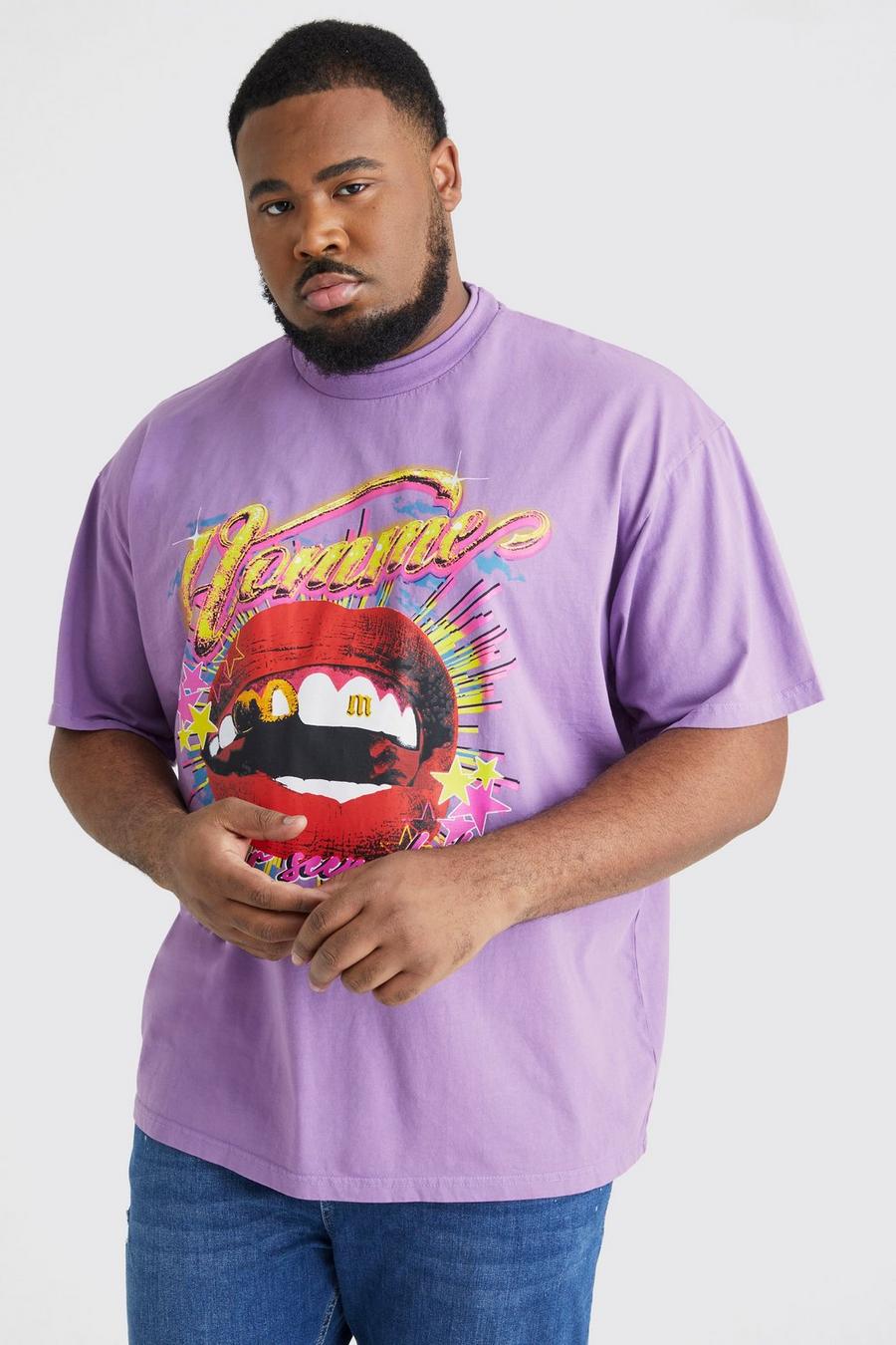 Camiseta Plus oversize con lavado a la piedra y estampado gráfico, Purple image number 1