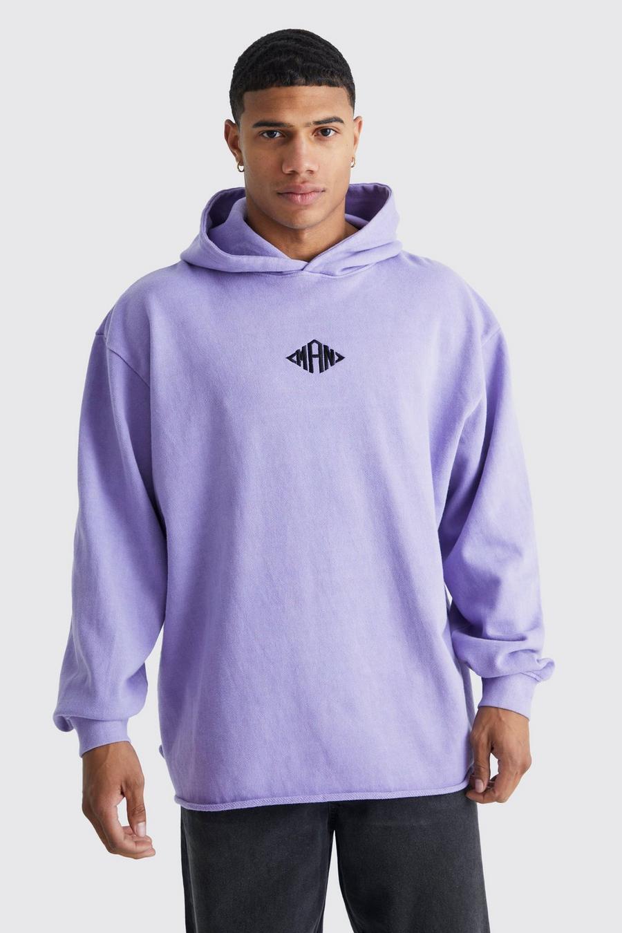 Purple Man Oversized Washed Raw Hem Hoodie  image number 1