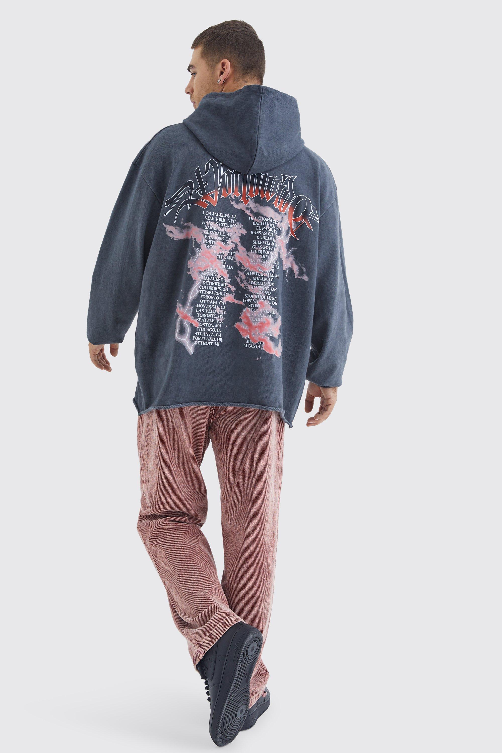 Oversized Raw Hem Washed Loopback Graphic Hoodie