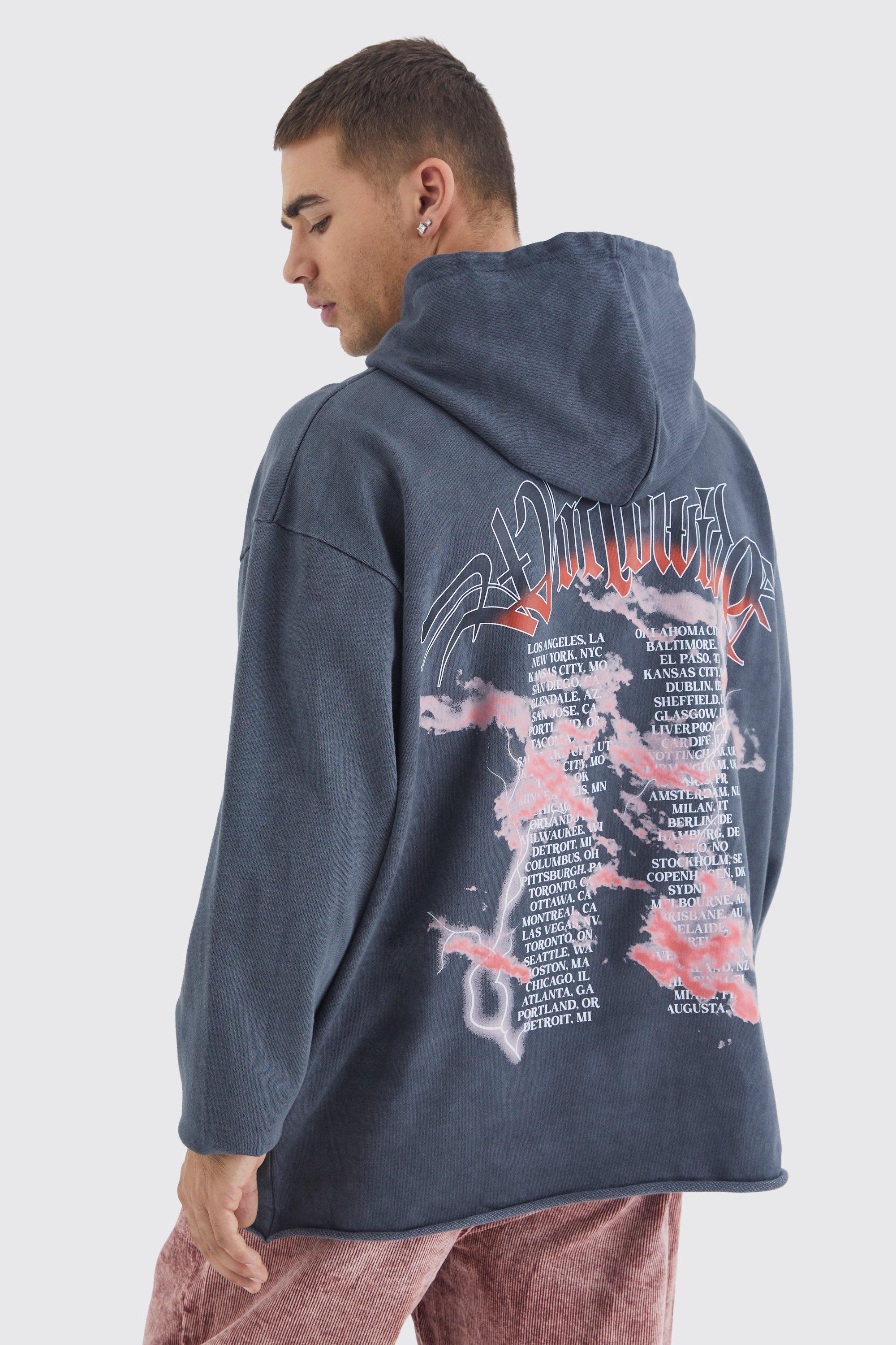 Oversized Raw Hem Washed Loopback Graphic Hoodie