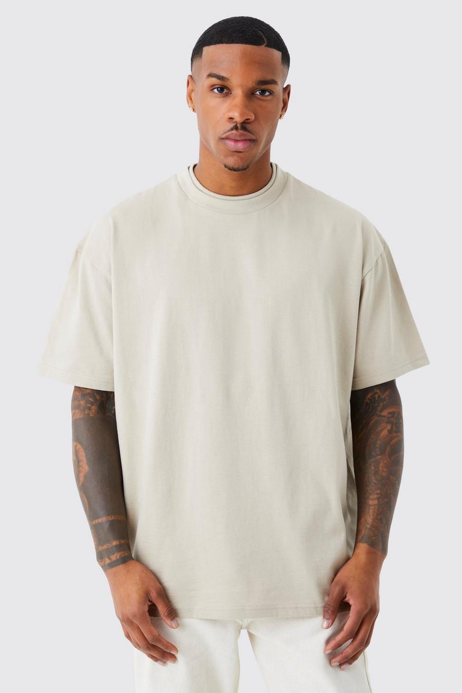 T-shirt oversize pesante con doppio collo e maniche lunghe, Stone image number 1