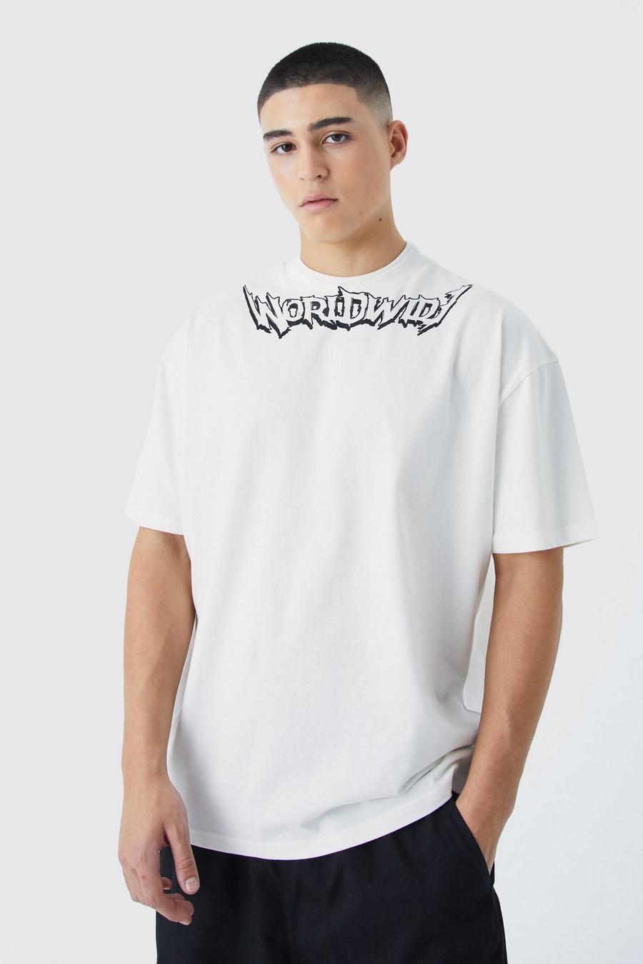 Ecru Oversized Double Neck  Heavy Printed T-shirt image number 1