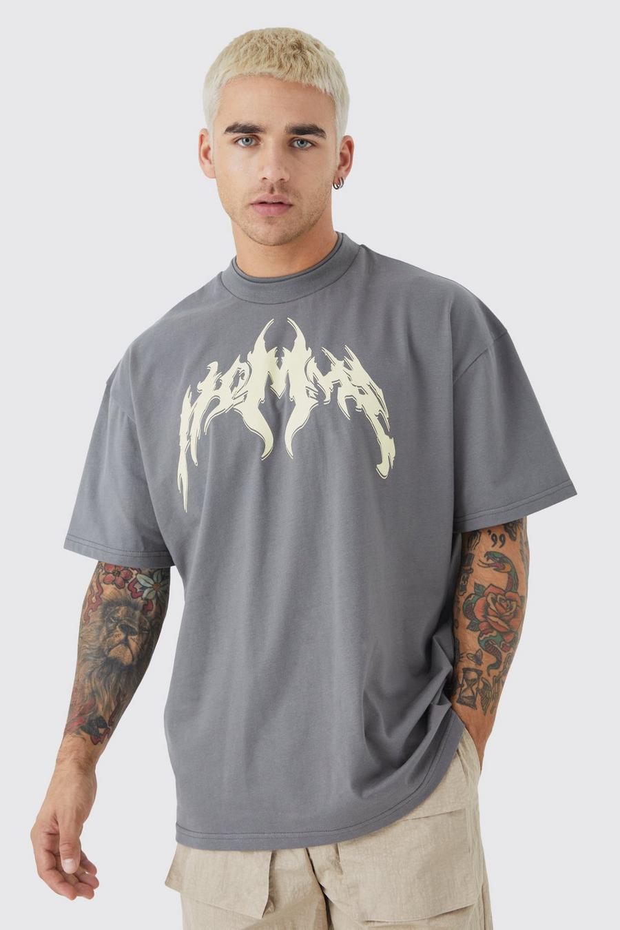 Charcoal grey Oversized Double Neck  Heavy Printed T-shirt