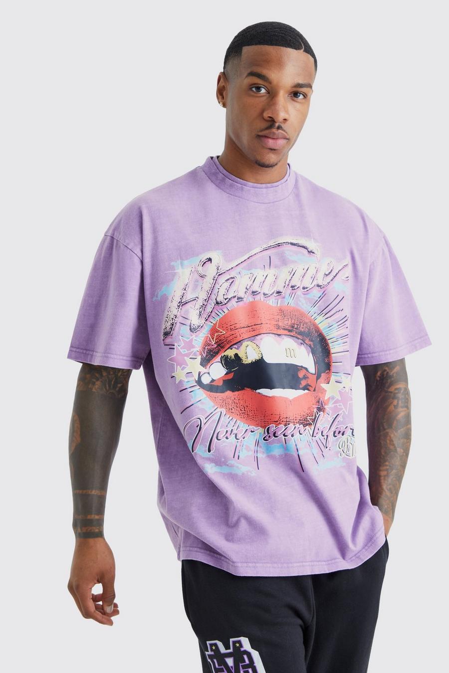 Purple Oversized Washed Graphic Double Neck T-shirt