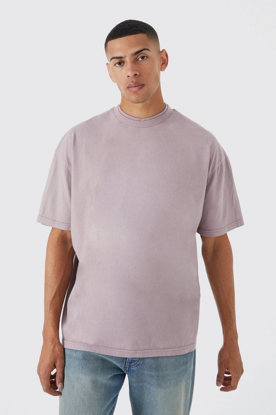 Mauve Oversized Gebleekt Dik T-Shirt Met Dubbele Hals image number 1