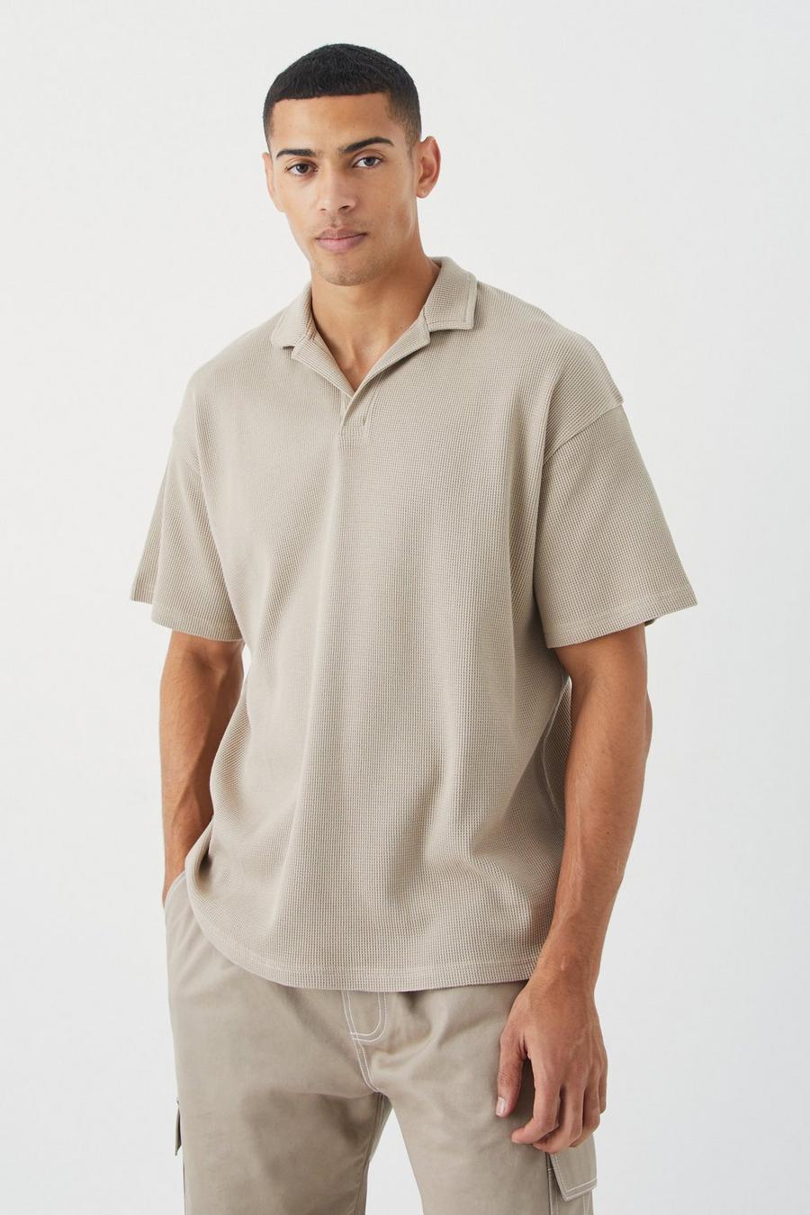 Taupe Oversized Revere Collar Short Sleeve Polo image number 1