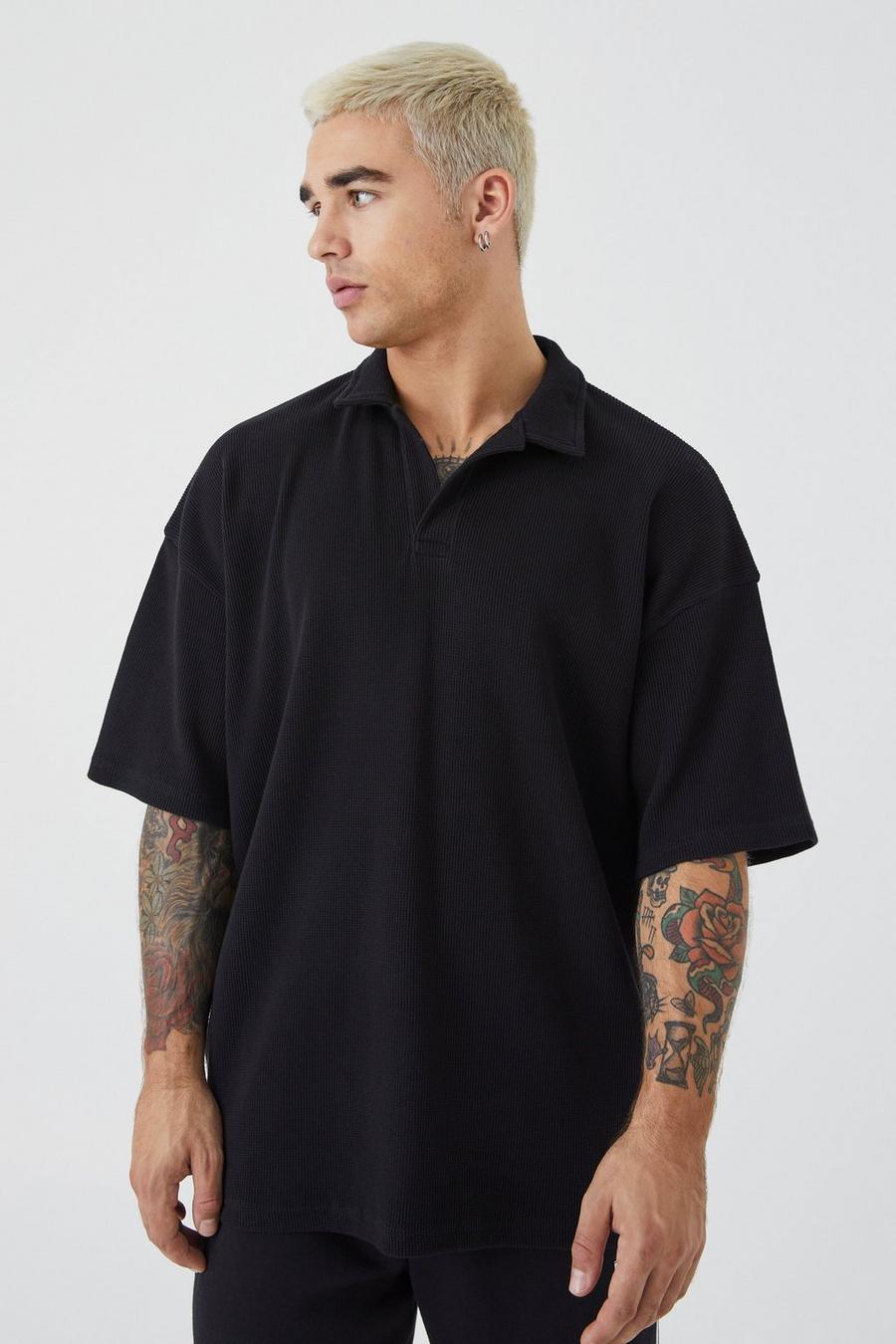 Kurzärmliges Oversize Poloshirt mit Kragen, Black