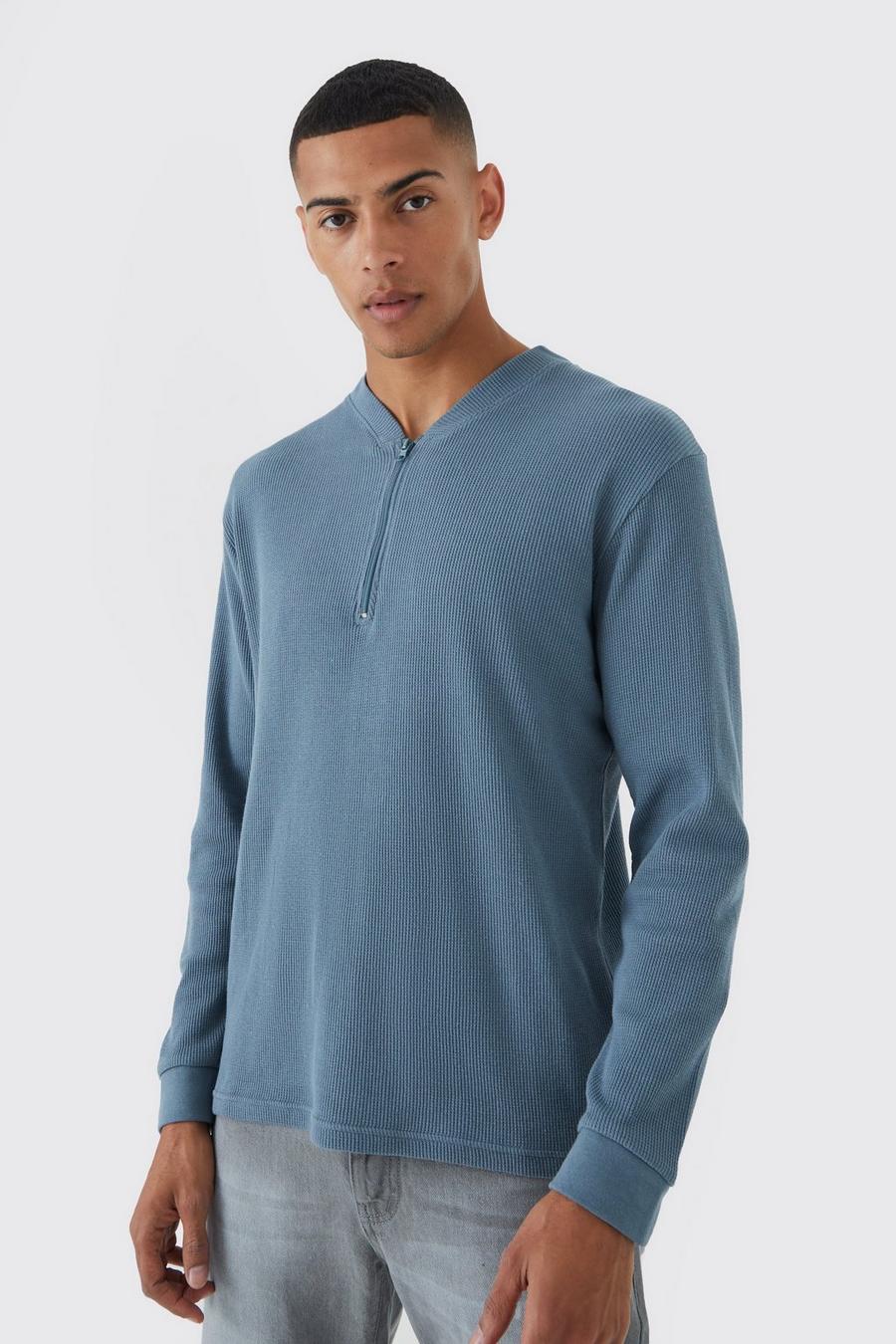 Langärmliges Slim-Fit Poloshirt in Waffeloptik, Slate blue image number 1