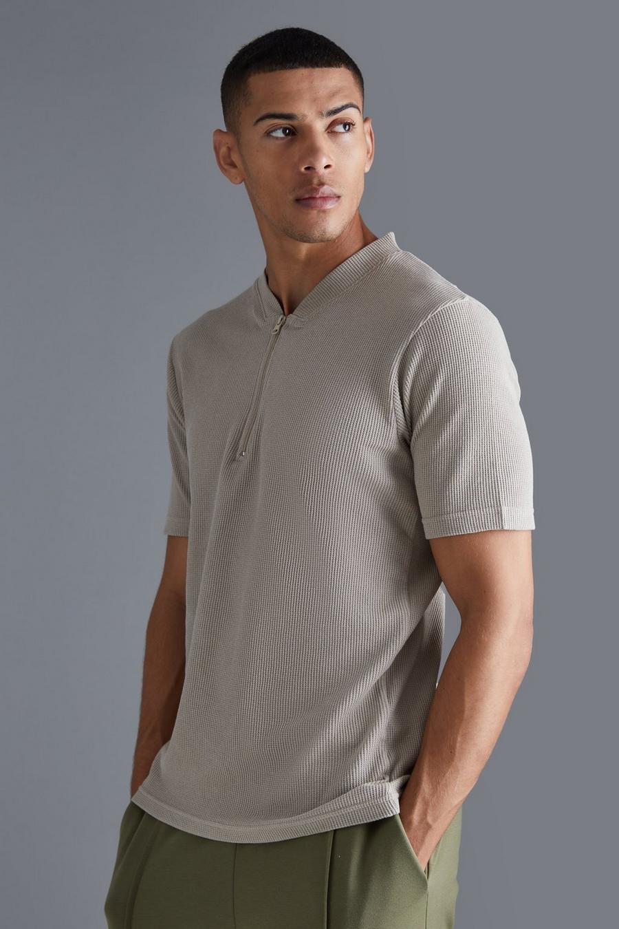 Taupe Slim Fit Waffle Bomber Neck Polo image number 1