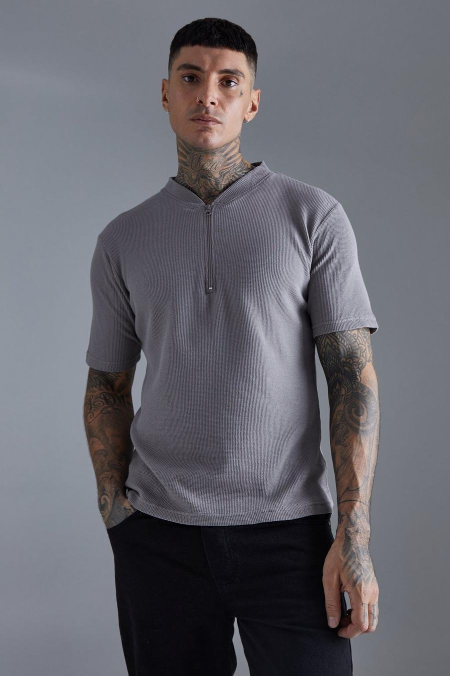 Charcoal grigio Slim Fit Waffle Bomber Neck Polo