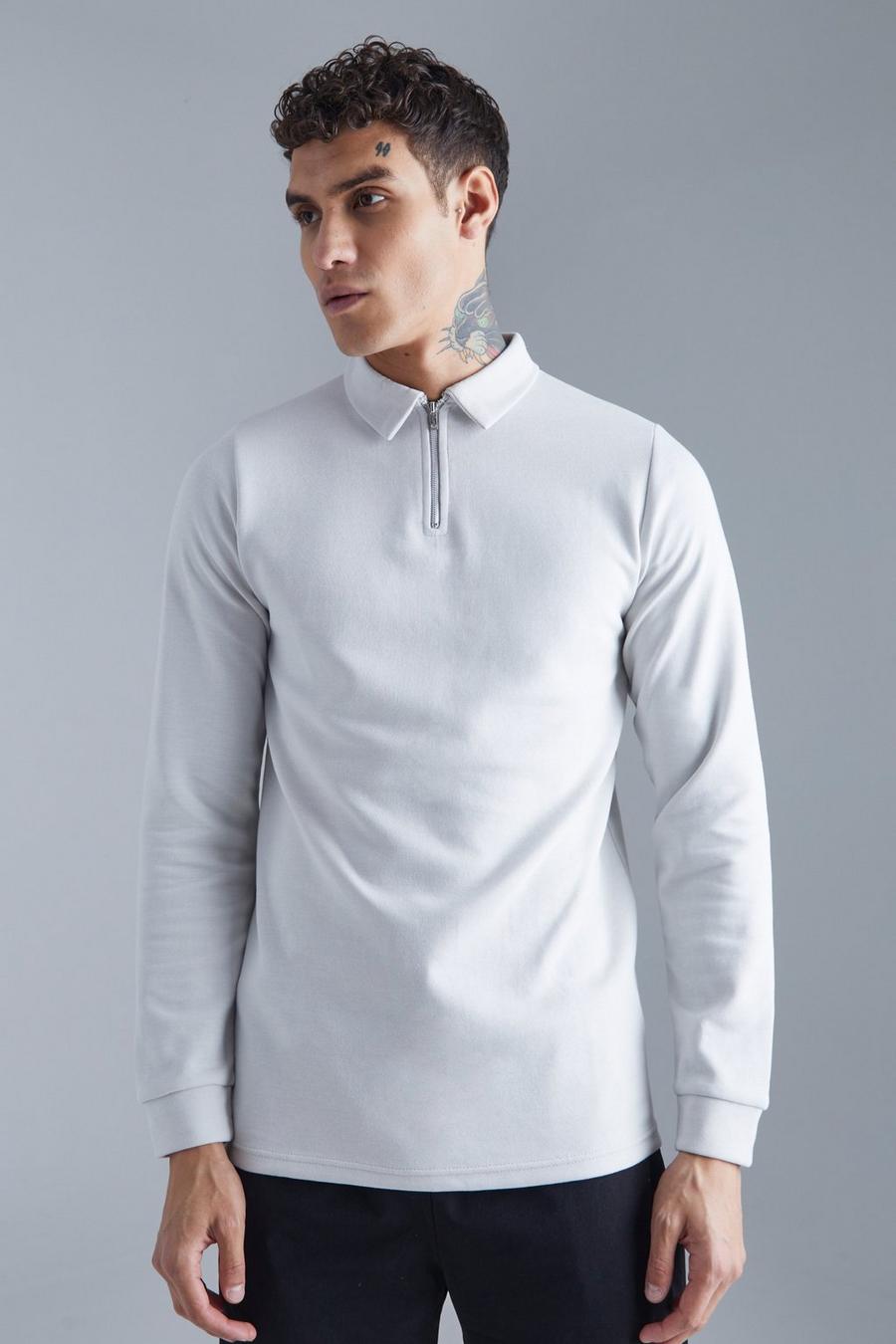 Langärmliges Slim-Fit Poloshirt, Light grey