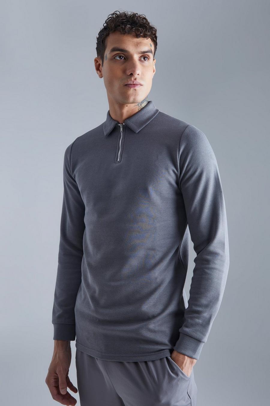 Langärmliges Slim-Fit Poloshirt, Charcoal image number 1