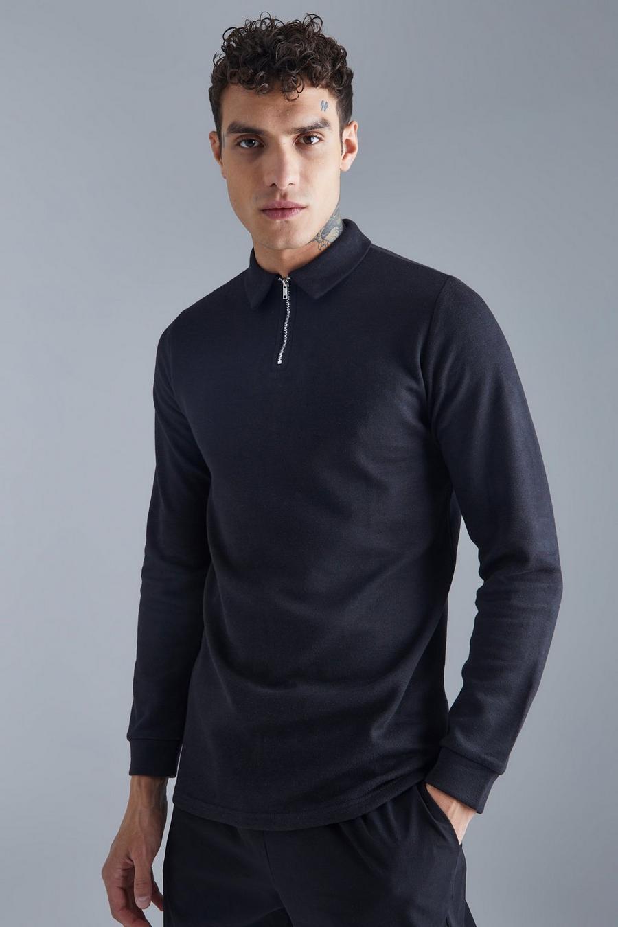 Langärmliges Slim-Fit Poloshirt, Black