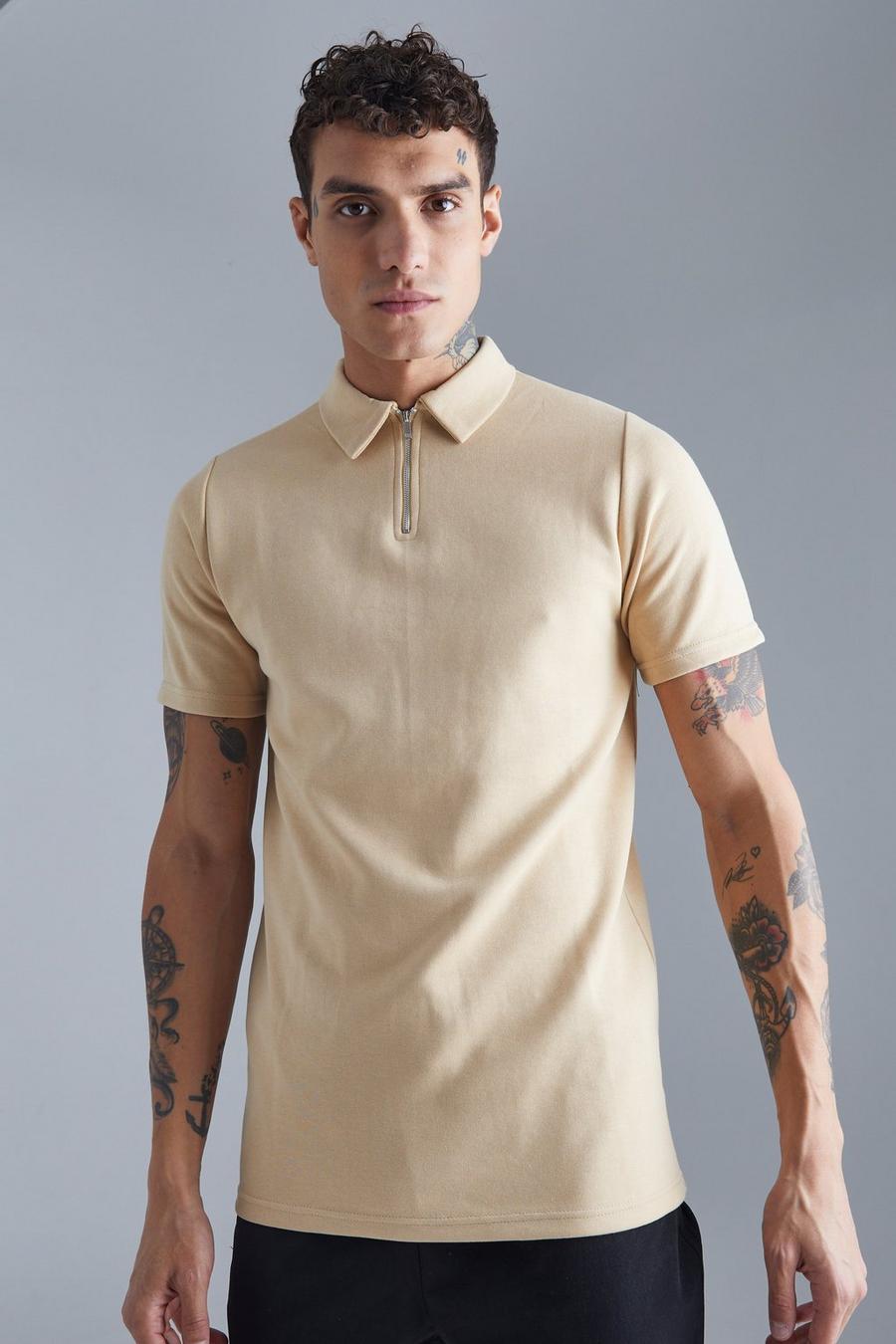 Sand Verweven Slim Fit Polo image number 1