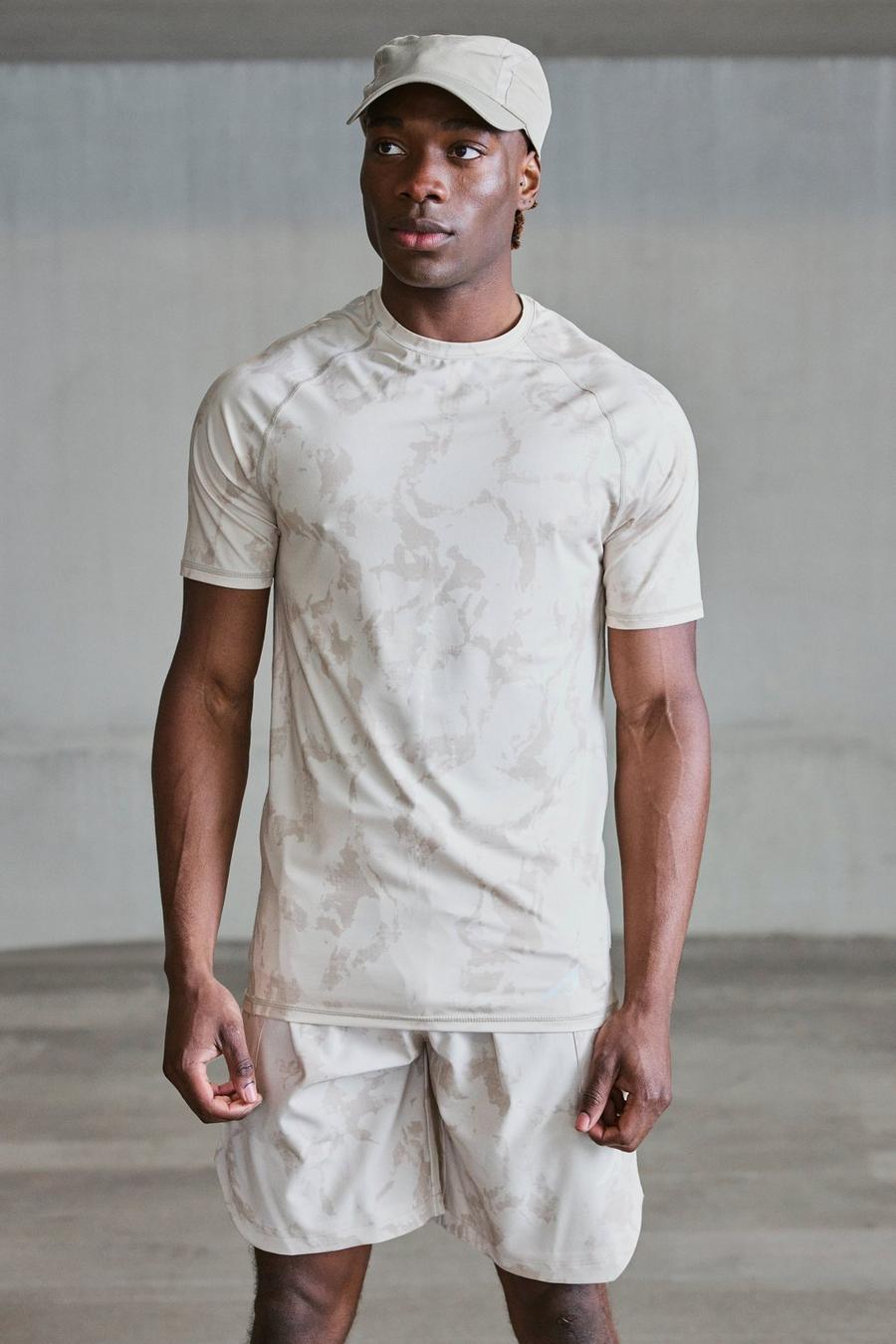 Stone beige Active Matte Muscle Acid Wash Print T-shirt