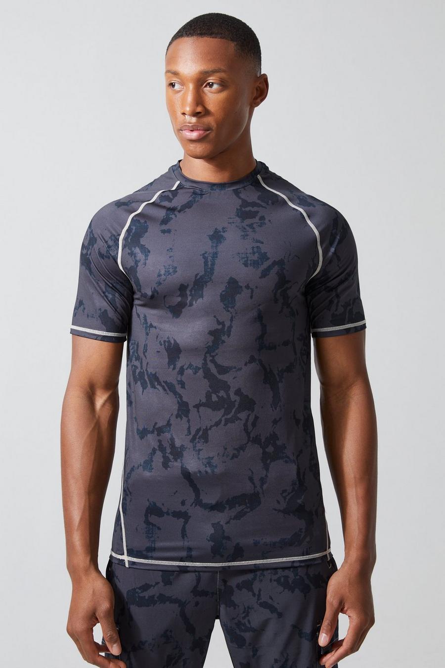 Black Active Matte Muscle Acid Wash Gebleekt T-Shirt Met Print image number 1