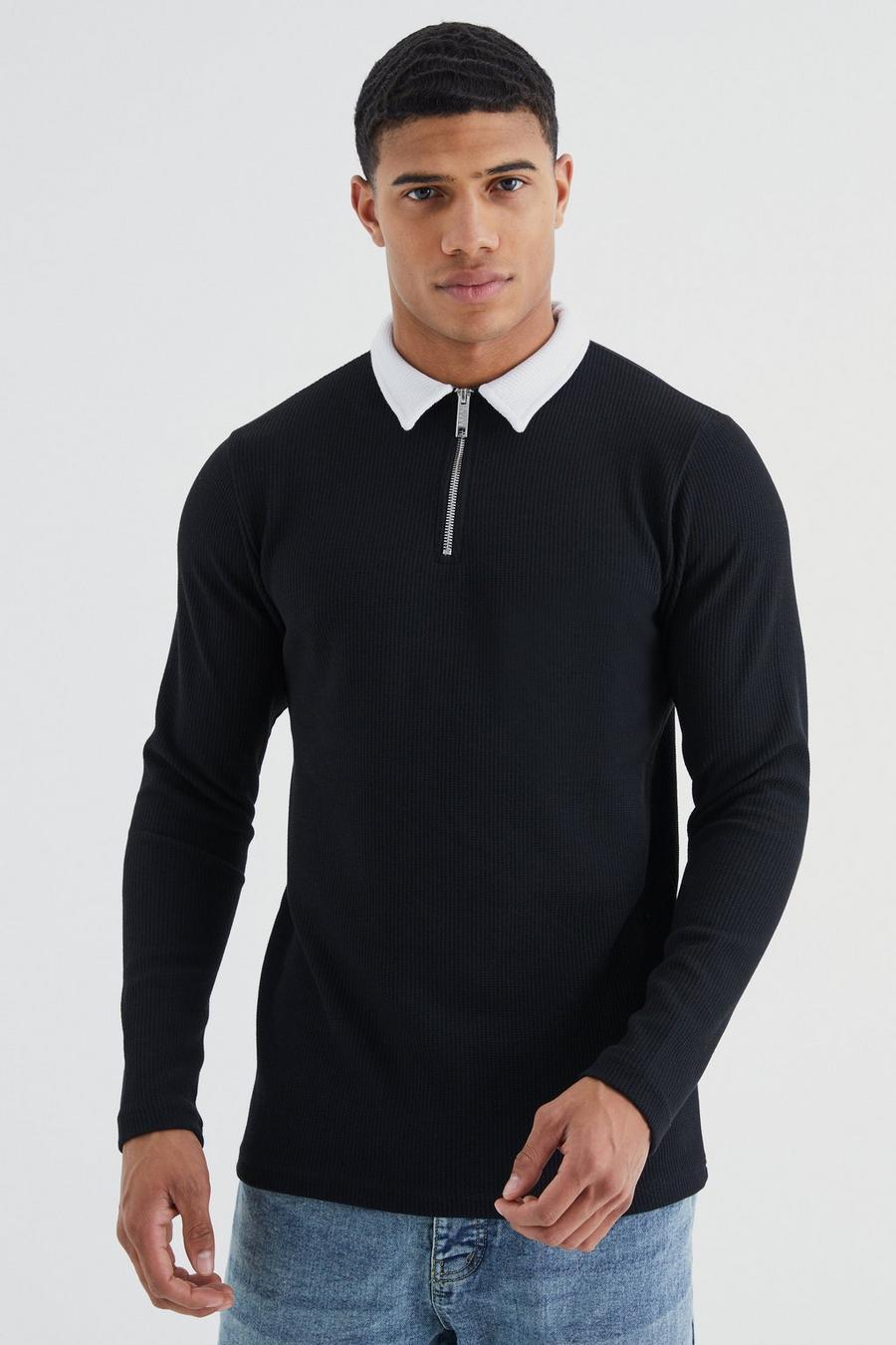 Langärmliges Slim-Fit Poloshirt in Waffeloptik, Black image number 1