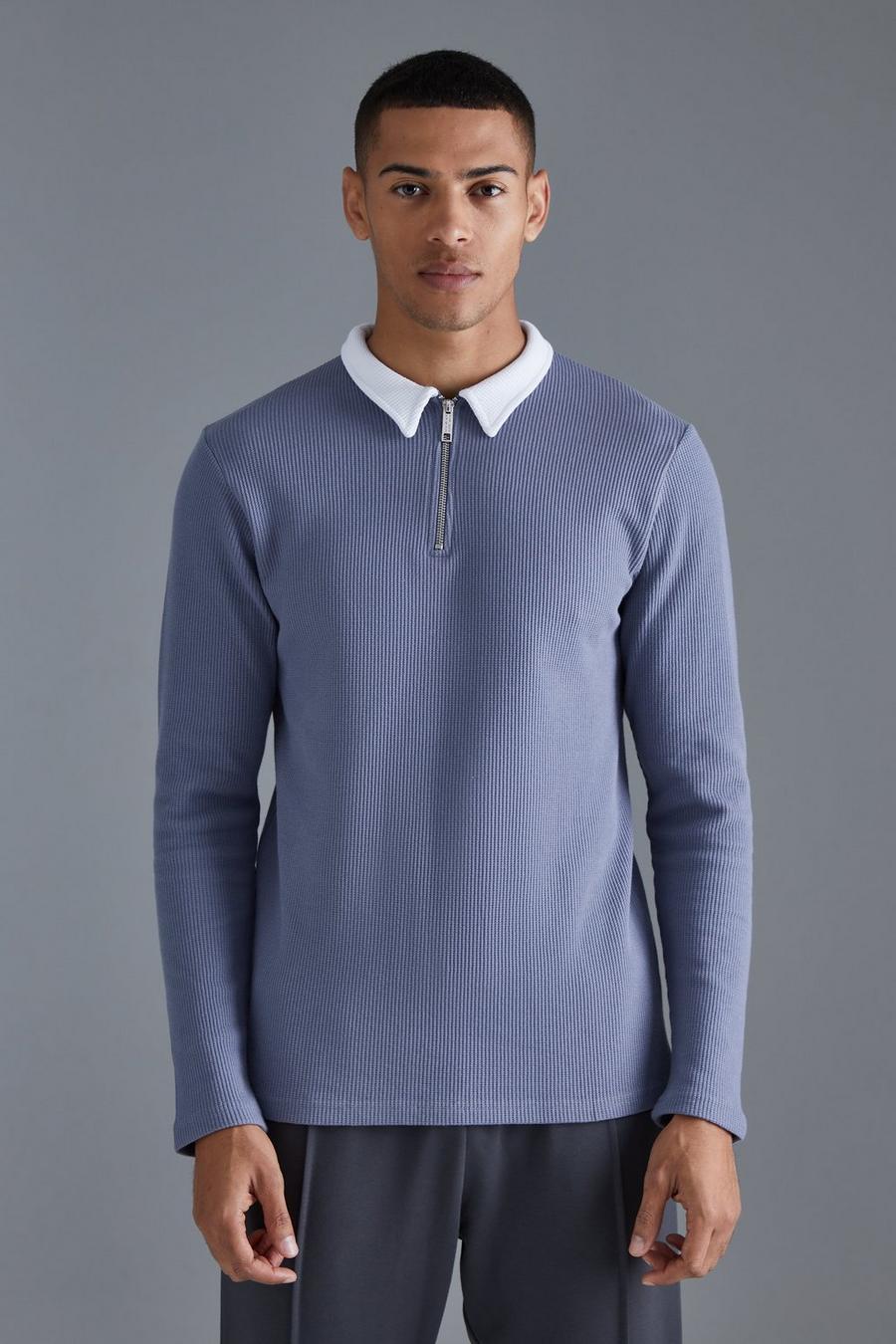 Langärmliges Slim-Fit Poloshirt in Waffeloptik, Slate blue image number 1