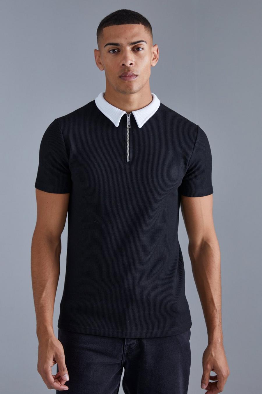 Black Short Sleeve Muscle Fit Waffle Polo image number 1