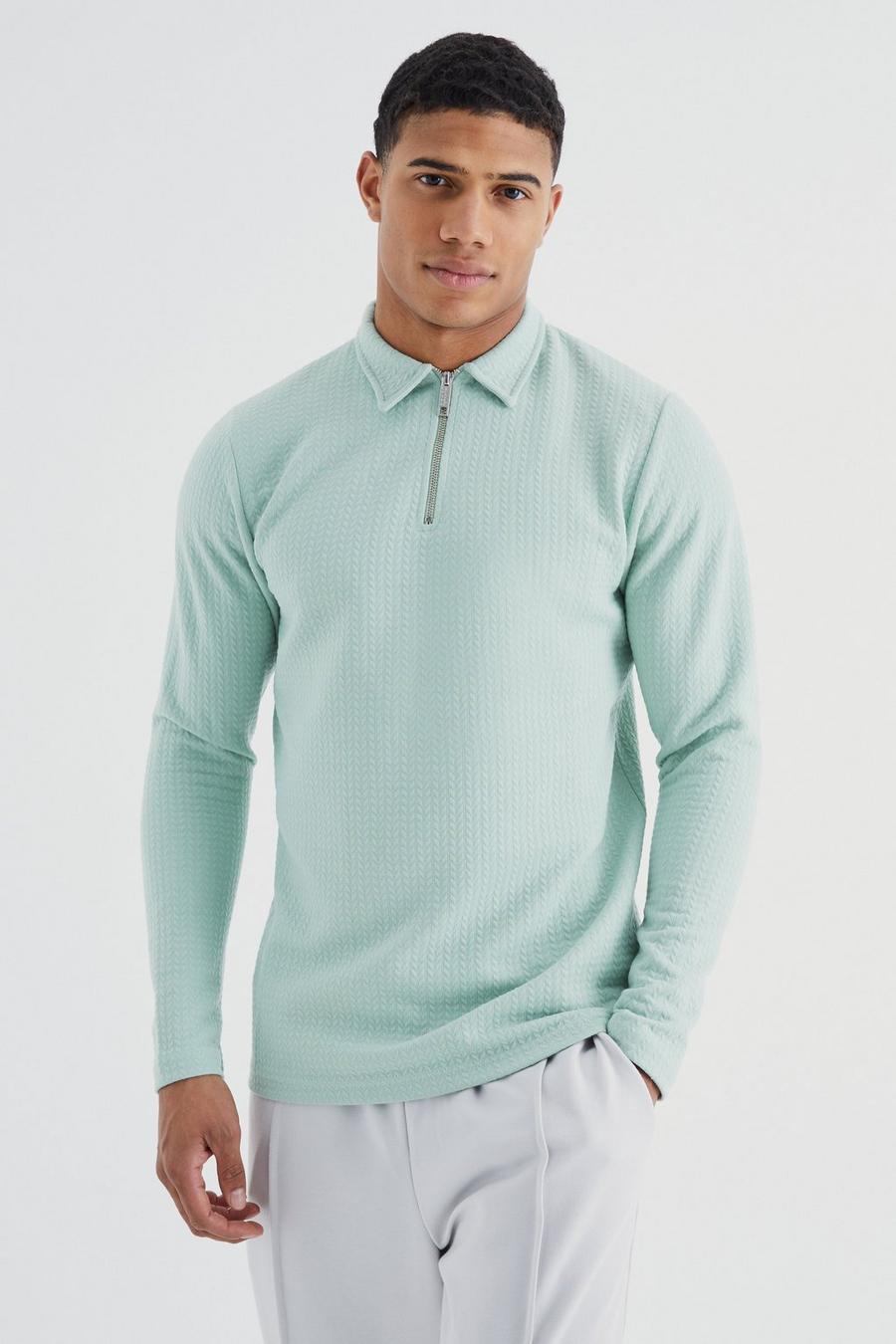 Sage Long Sleeve Slim Cable Textured Polo image number 1