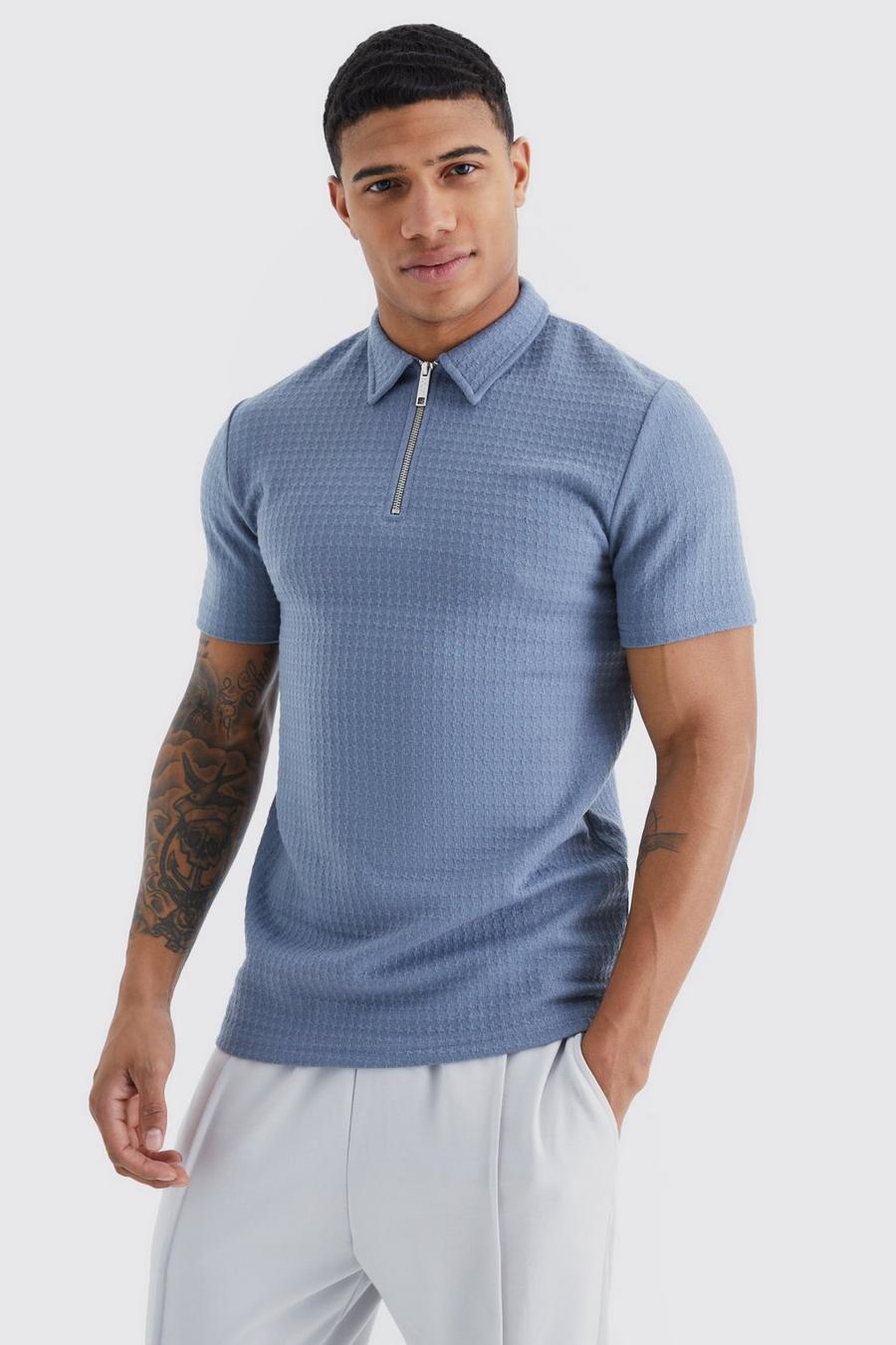Slate blue Short Sleeve Muscle Cable Textured Polo image number 1