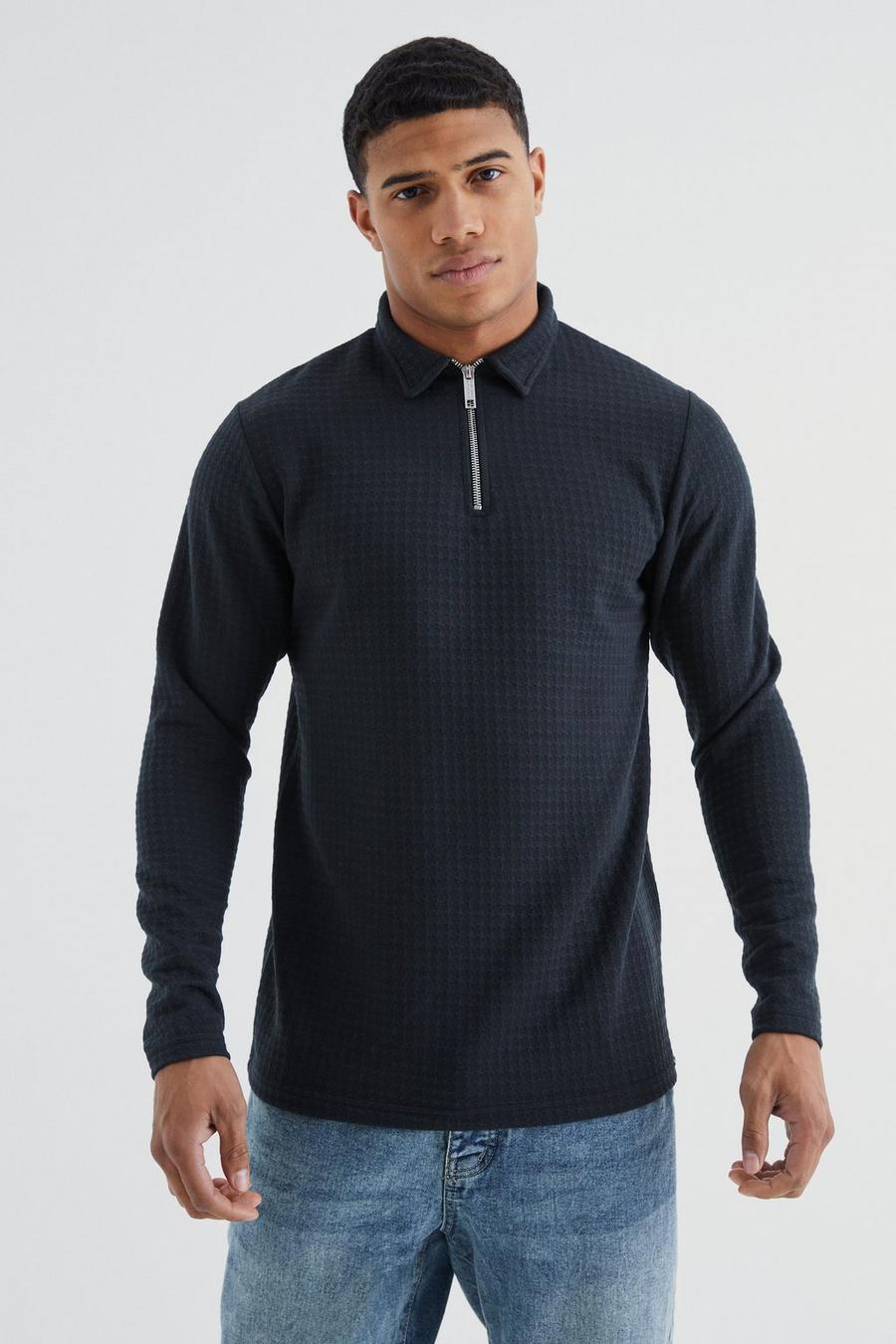 Langärmliges Slim-Fit Jacquard Poloshirt, Black image number 1