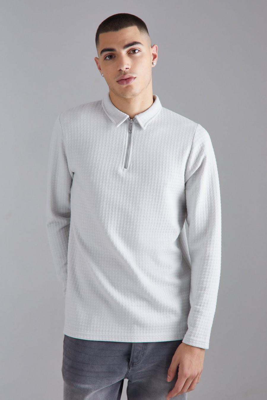 Langärmliges Slim-Fit Jacquard Poloshirt, Light grey image number 1