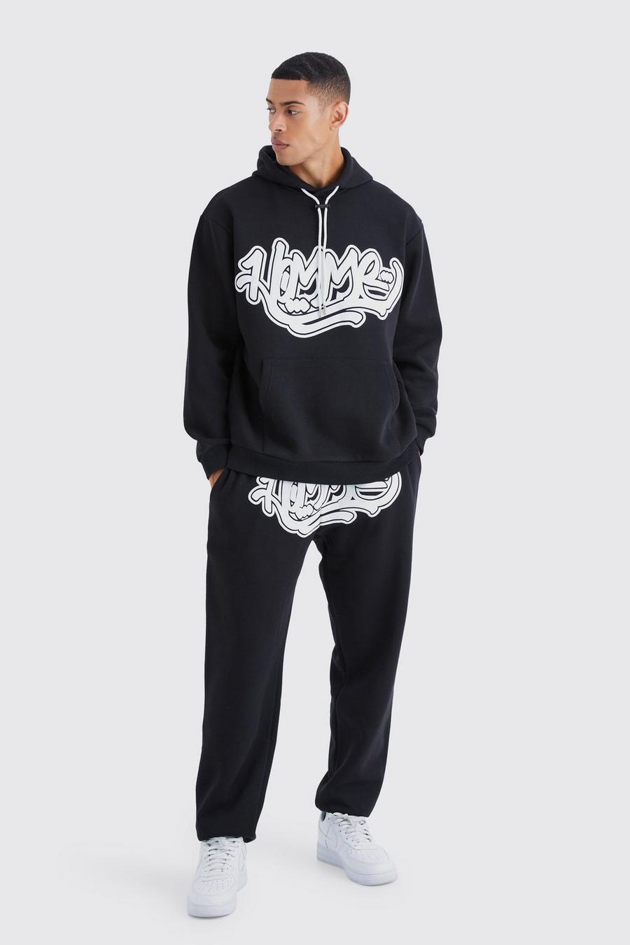 Oversize Trainingsanzug mit Homme Graffiti-Print und Kapuze, Black