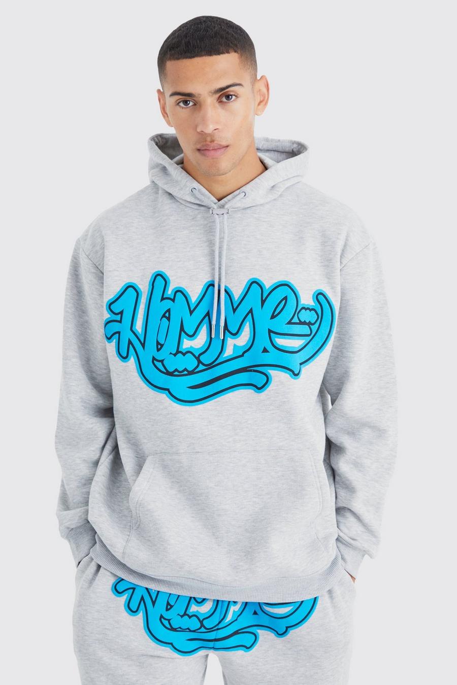 Ash grey Homme Graffiti Oversized Hoodie image number 1