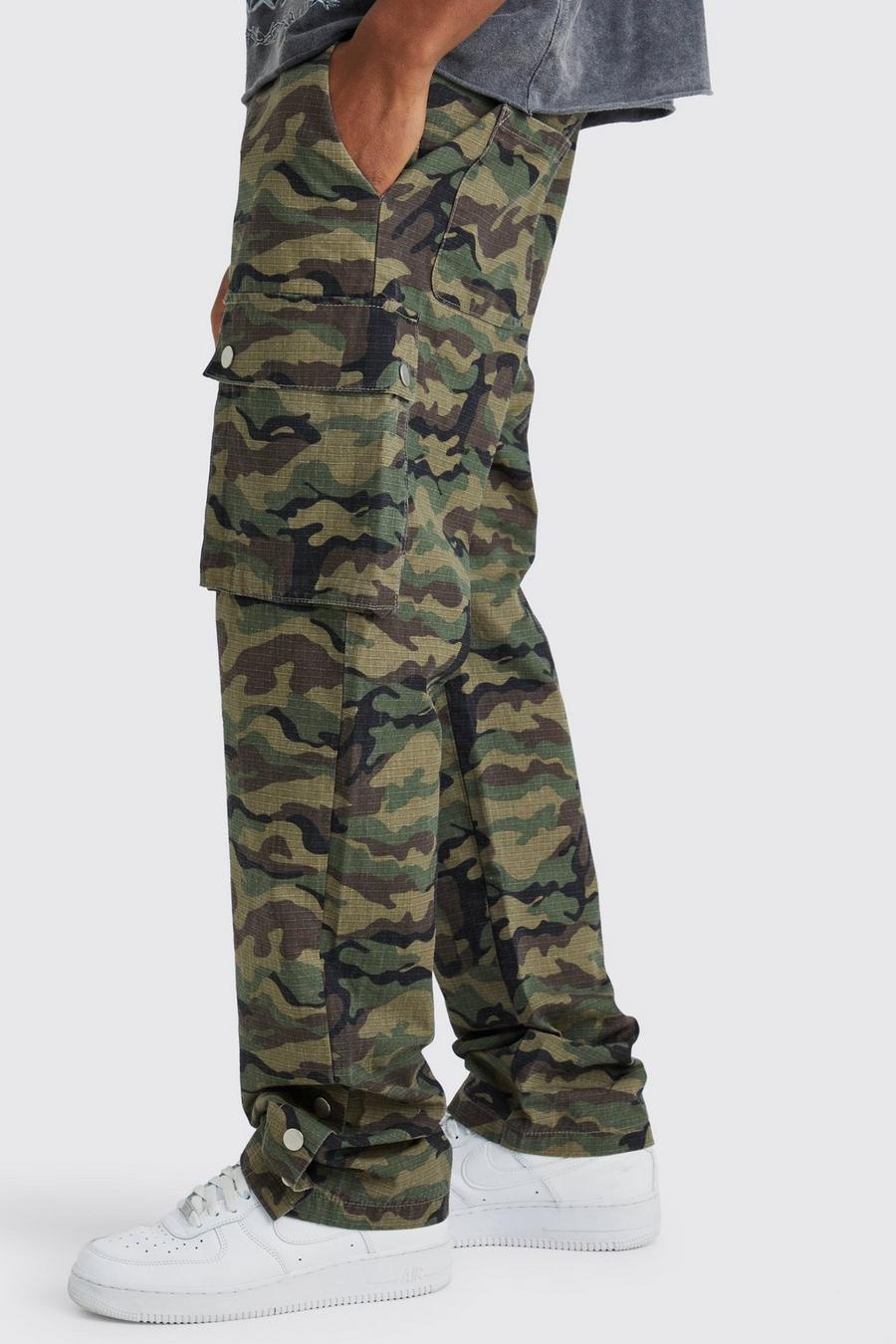 Camouflage Cargo-Hose mit geradem Bein und Druckknöpfen, Khaki image number 1
