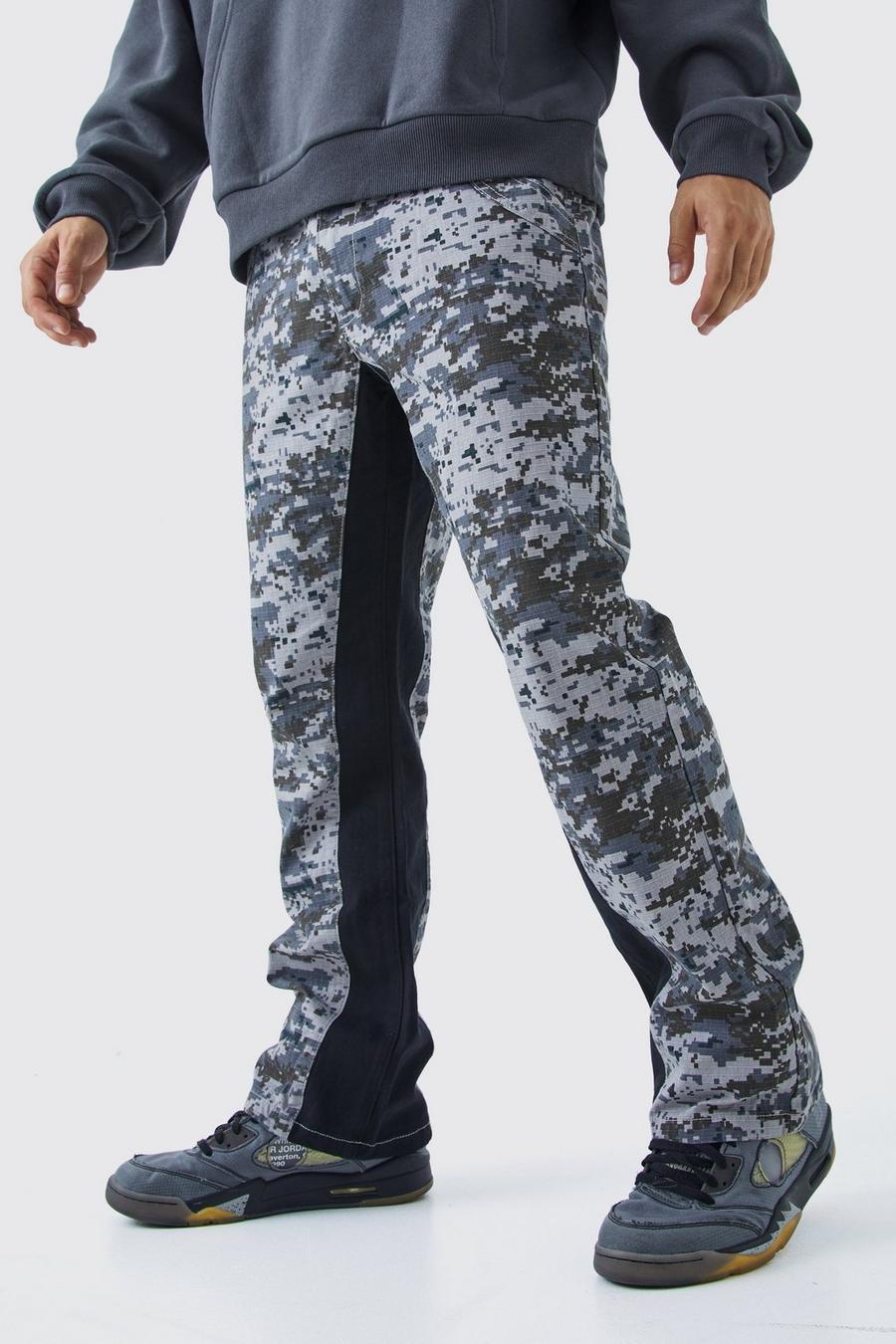Charcoal Straight Leg Flare Color Block Camo Pants image number 1