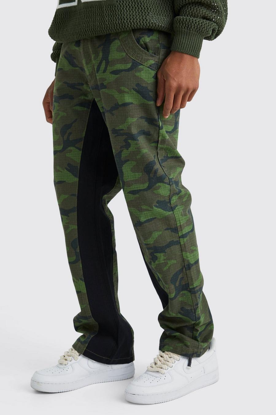 Pantaloni dritti in fantasia militare a blocchi di colore, Khaki image number 1