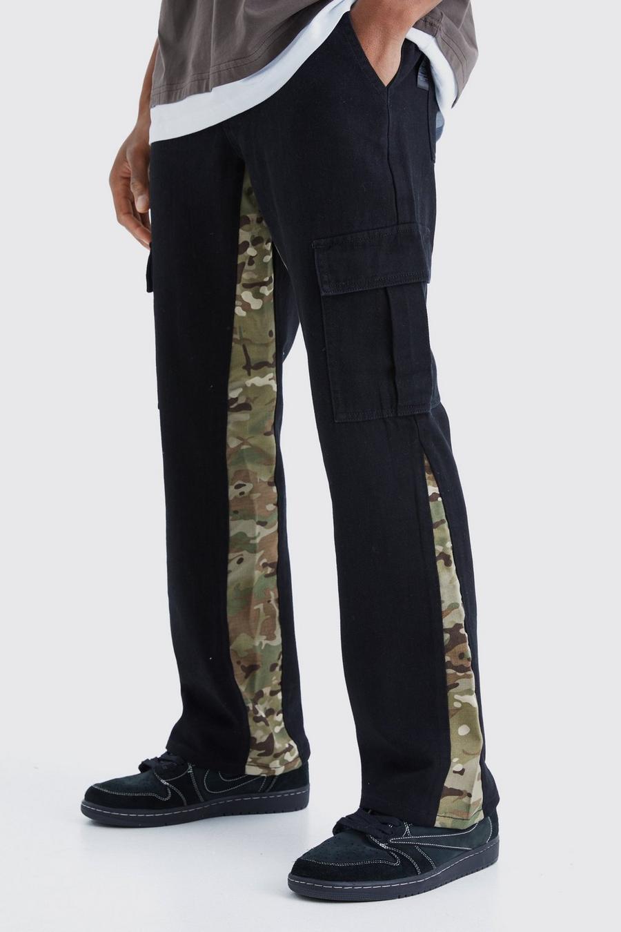 Black Straight Leg Camo Gusset Cargo Trouser image number 1