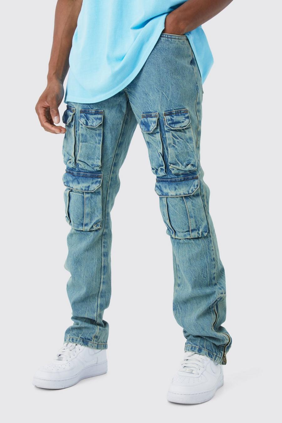 Jeans Cargo a zampa Slim Fit in denim rigido slavato con zip e inserti, Antique blue
