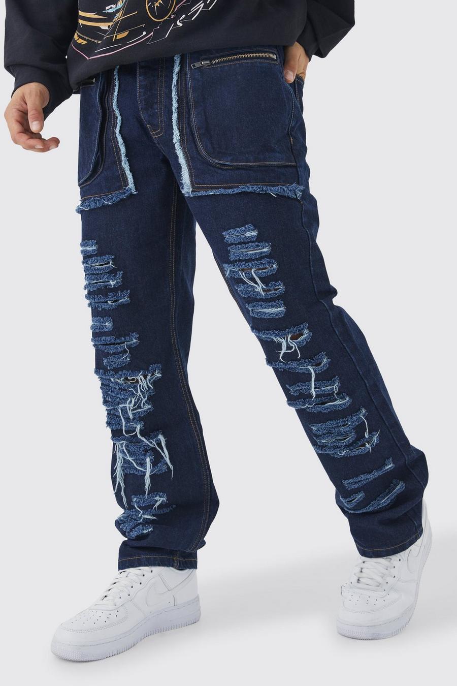 Indigo bleu Relaxed Rigid Distressed Ripped Cargo Pocket Jean