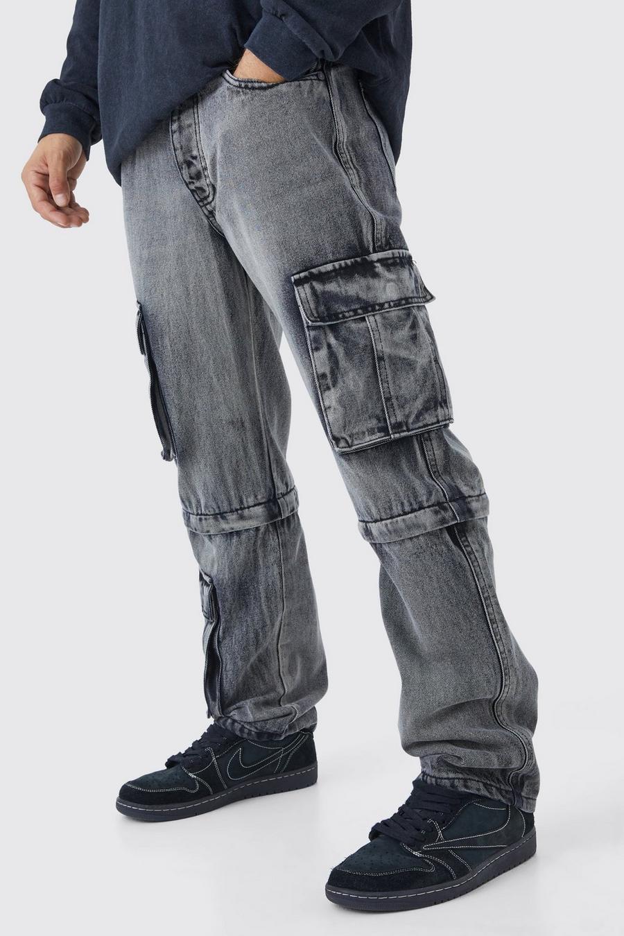 Lockere Cargo-Jeans mit Reißverschluss, Washed black